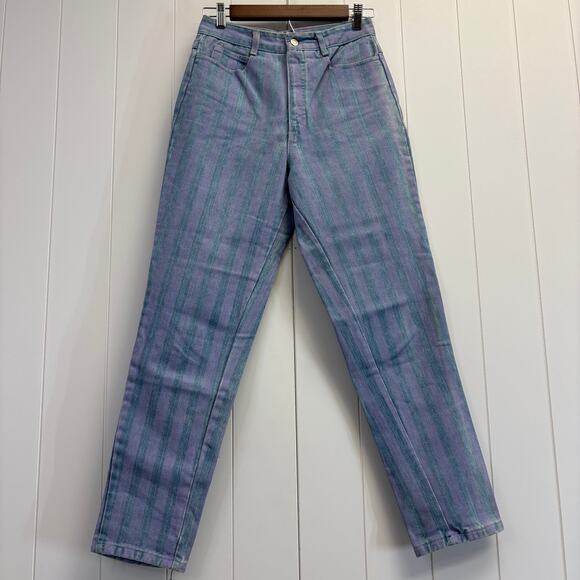 Vintage Chemin De Fer Pastel 70s 80s Striped Cropped Denim Jeans Size 26 Preppy - Picture 1 of 9